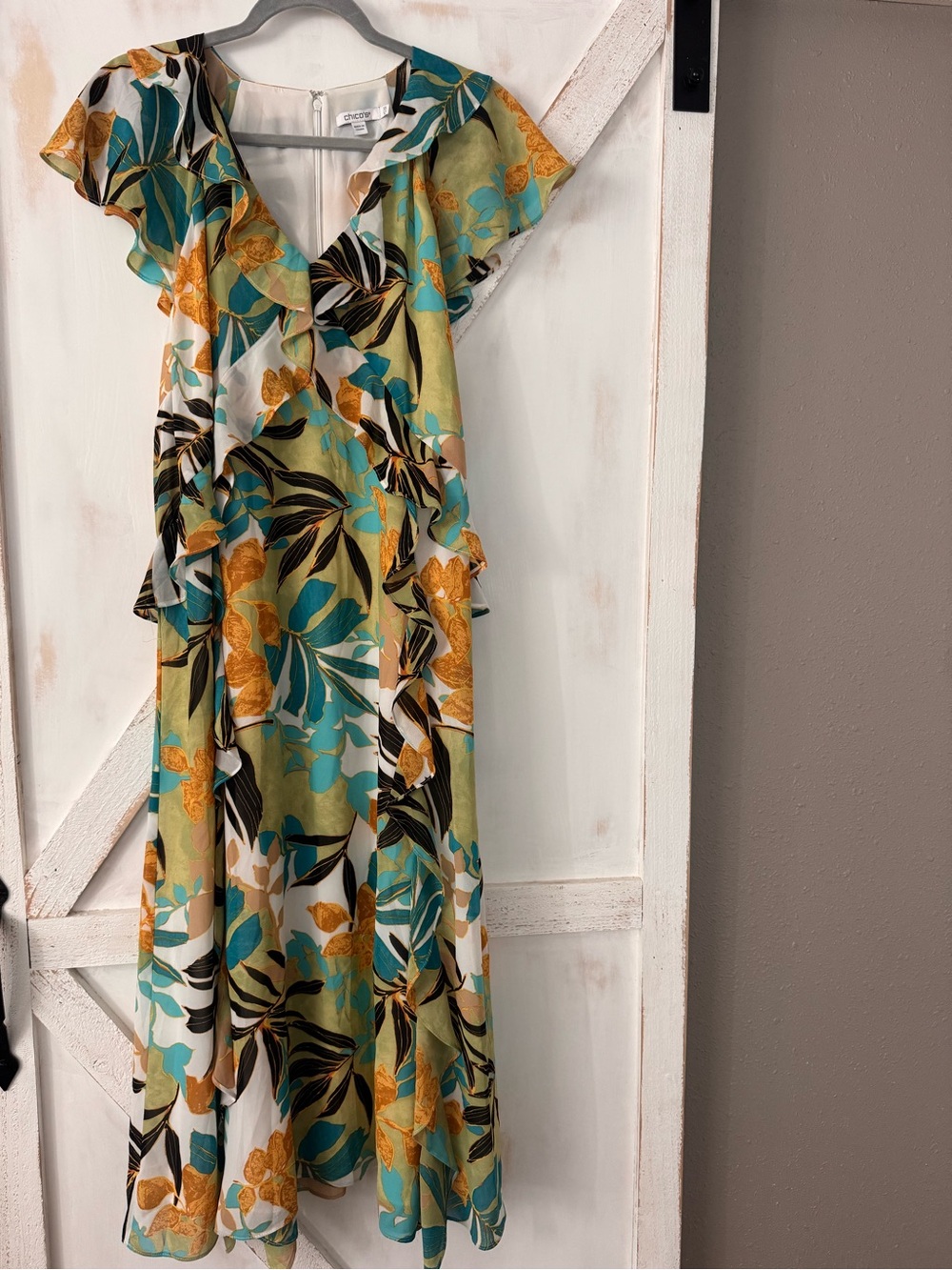 Chico's Teal, Orange & Brown Ruffle Wrap Midi Dress